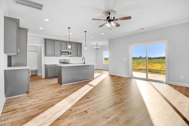 kitchen featuring pendant lighting, gray cabinets, appliances with stainless steel finishes, an island with sink, and light wood-type flooring