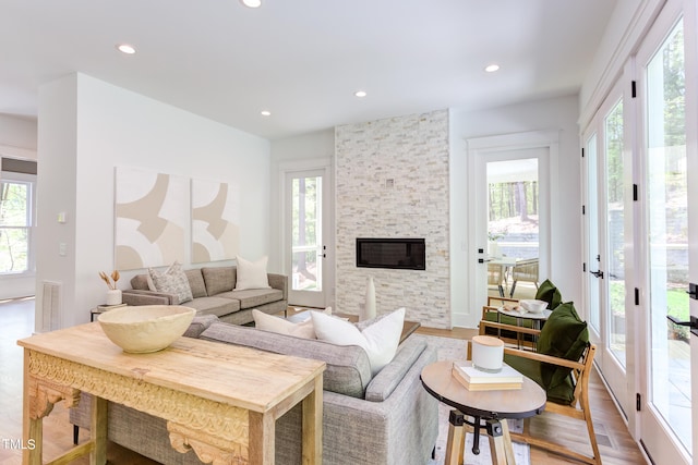 living room with a fireplace and hardwood / wood-style floors