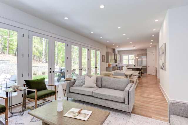 living room with light hardwood / wood-style flooring and french doors