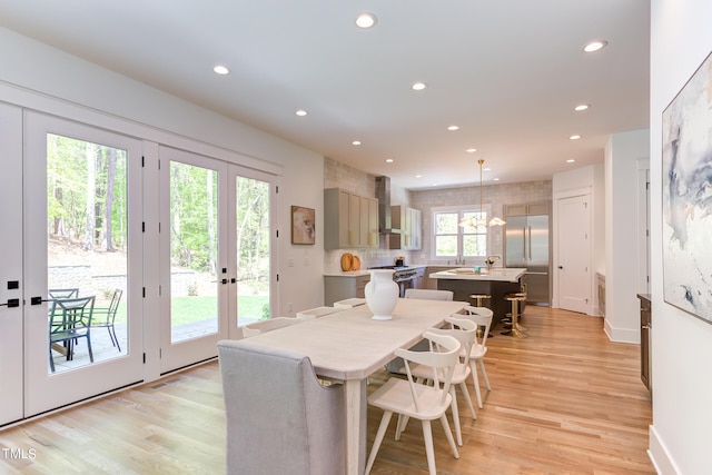 dining area featuring a wealth of natural light, light hardwood / wood-style floors, and french doors