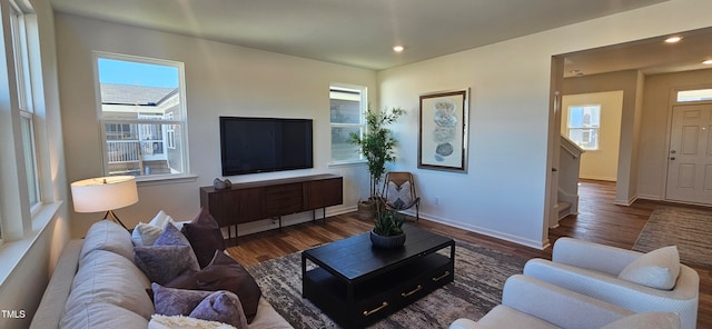 living room with dark hardwood / wood-style flooring