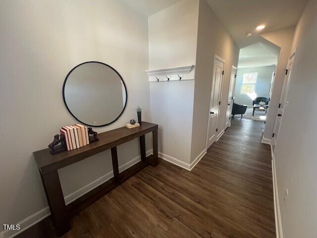 hall with dark wood-type flooring