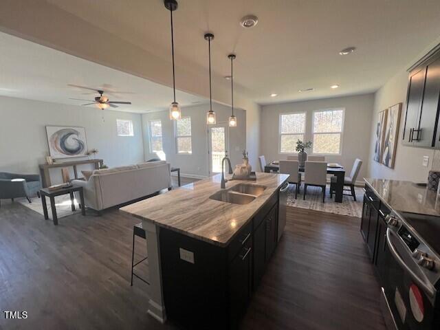 kitchen featuring dark hardwood / wood-style floors, pendant lighting, an island with sink, sink, and stainless steel appliances