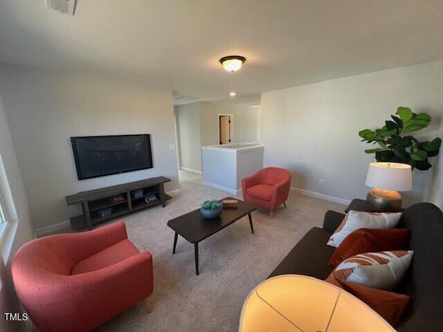 living room featuring light colored carpet