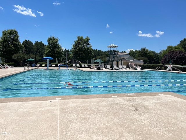 view of pool with a water slide