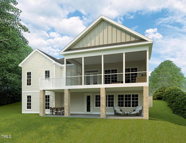 back of house with a patio area, a yard, an outdoor living space, and a balcony