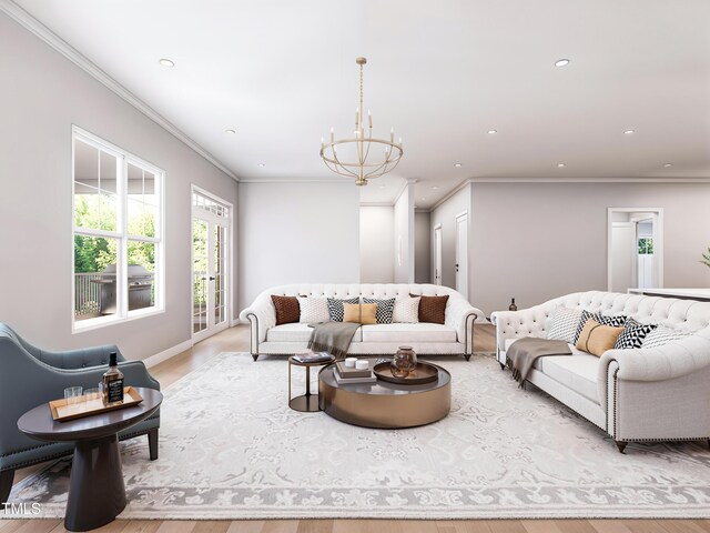 living room with crown molding, light hardwood / wood-style flooring, and an inviting chandelier