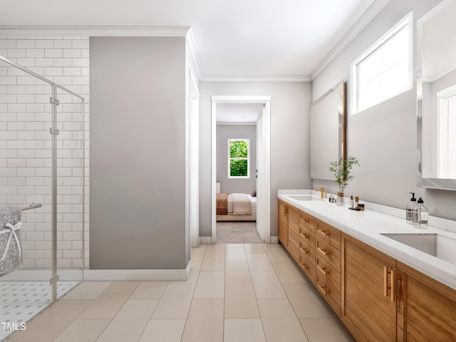 bathroom featuring an enclosed shower, ornamental molding, and vanity