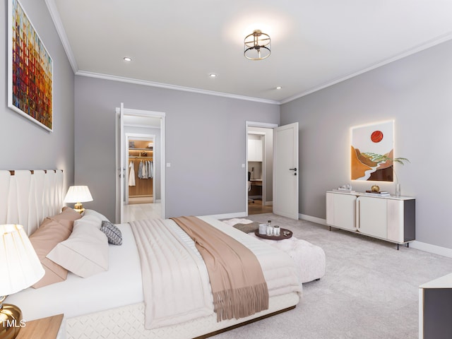 bedroom featuring ornamental molding, a walk in closet, light colored carpet, and a closet