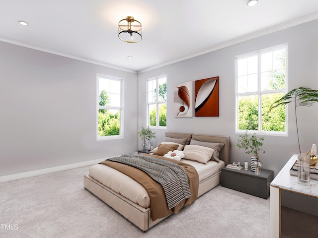 carpeted bedroom with multiple windows, a chandelier, and crown molding