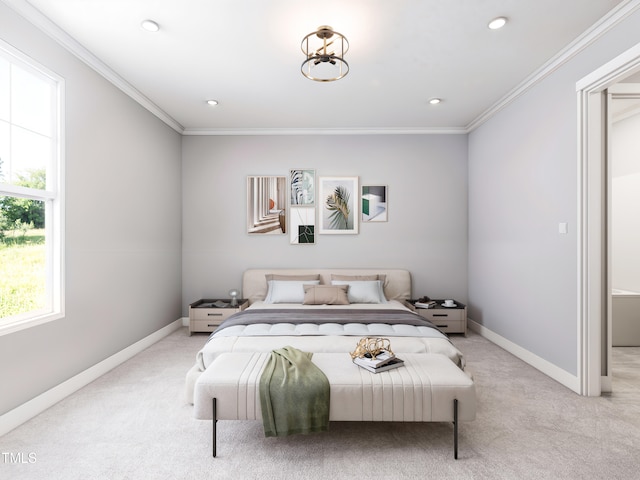 carpeted bedroom with crown molding