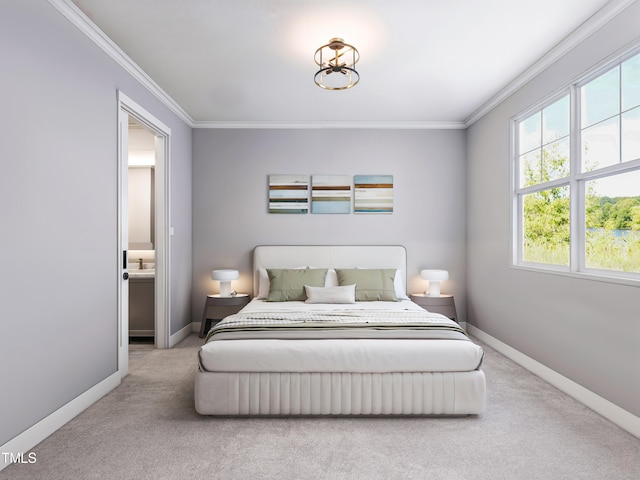 carpeted bedroom featuring an inviting chandelier and crown molding