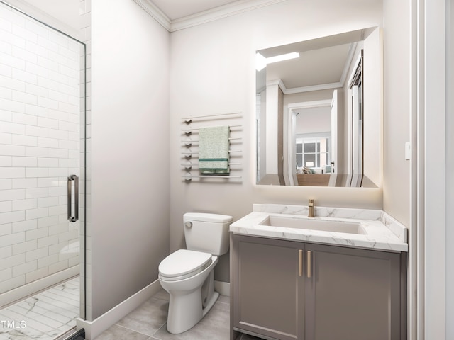 bathroom featuring vanity, toilet, ornamental molding, and an enclosed shower