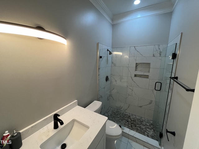 223 E Nash St, Spring Hope, NC 27882 - bathroom with crown molding, vanity, toilet, marble finish floor, and a stall shower