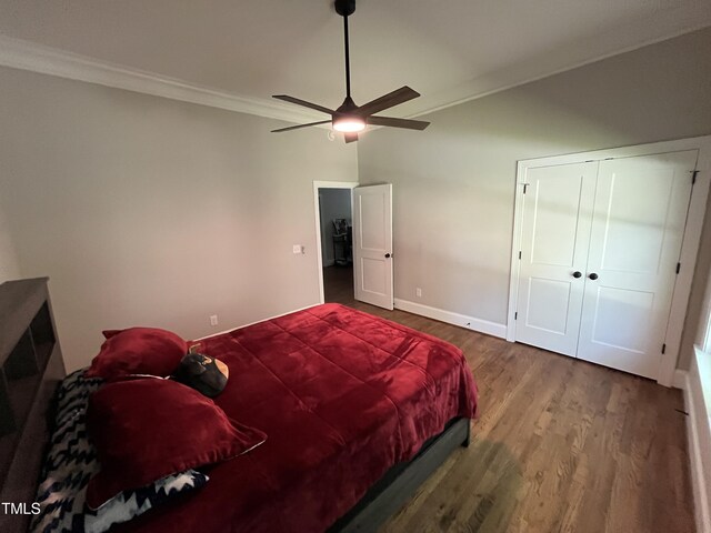 223 E Nash St, Spring Hope, NC 27882 - bedroom with baseboards, ornamental molding, wood finished floors, lofted ceiling, and ceiling fan