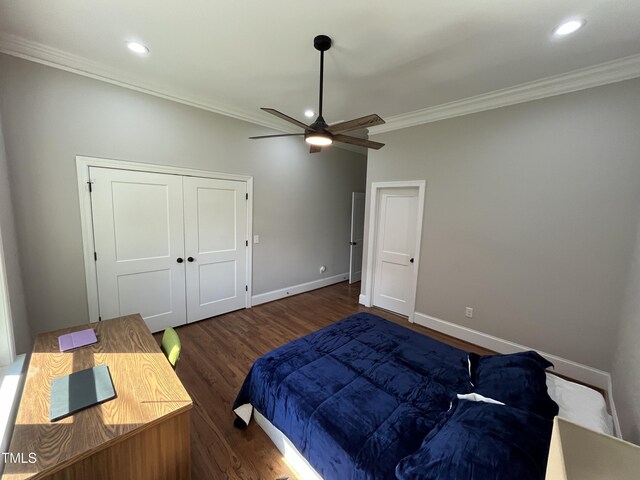 223 E Nash St, Spring Hope, NC 27882 - bedroom with crown molding, baseboards, recessed lighting, and wood finished floors