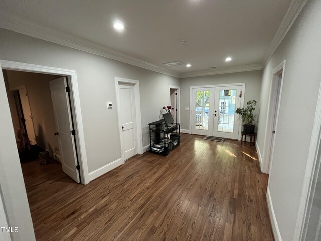 223 E Nash St, Spring Hope, NC 27882 - interior space featuring french doors, ornamental molding, baseboards, and dark wood-style floors