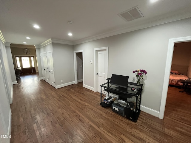 223 E Nash St, Spring Hope, NC 27882 - living room featuring visible vents, baseboards, ornamental molding, recessed lighting, and dark wood-type flooring