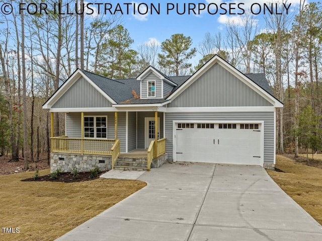 craftsman inspired home featuring a garage, a front lawn, and covered porch