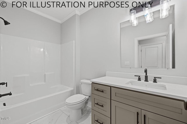 full bathroom featuring crown molding, shower / bathing tub combination, vanity with extensive cabinet space, tile floors, and toilet