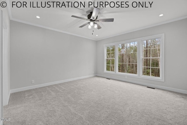 empty room with ceiling fan, ornamental molding, and carpet floors