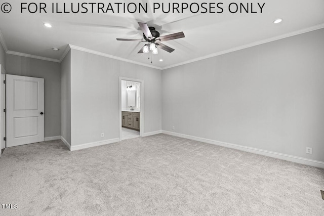 unfurnished bedroom featuring ensuite bath, ceiling fan, crown molding, and light colored carpet