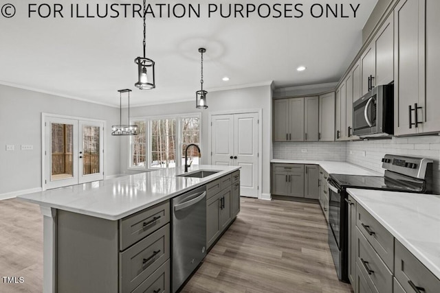 kitchen with stainless steel appliances, gray cabinetry, hardwood / wood-style flooring, sink, and pendant lighting