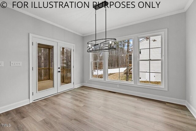 unfurnished dining area featuring plenty of natural light, french doors, and light wood-type flooring