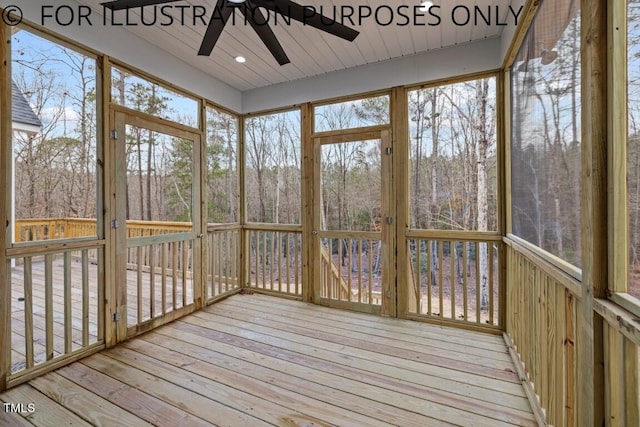 unfurnished sunroom featuring ceiling fan