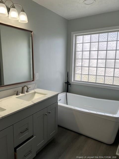 bathroom with a bathtub, vanity, a healthy amount of sunlight, and wood-type flooring