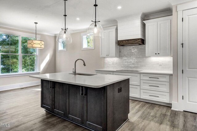 kitchen featuring white cabinets, plenty of natural light, hanging light fixtures, and a kitchen island with sink