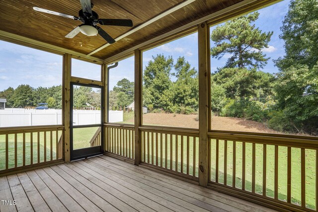 unfurnished sunroom with ceiling fan, wooden ceiling, and a healthy amount of sunlight