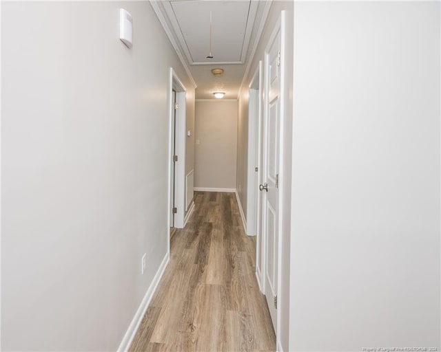 hallway featuring crown molding and light hardwood / wood-style flooring