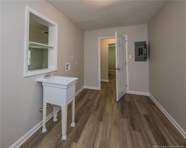 corridor with electric panel, dark hardwood / wood-style flooring, and a textured ceiling