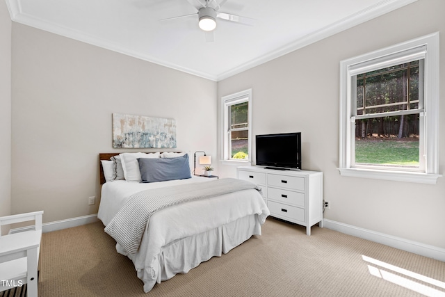 3209 Bryant Falls Ct, Raleigh, NC 27613 - bedroom featuring light carpet, ornamental molding, baseboards, and a ceiling fan