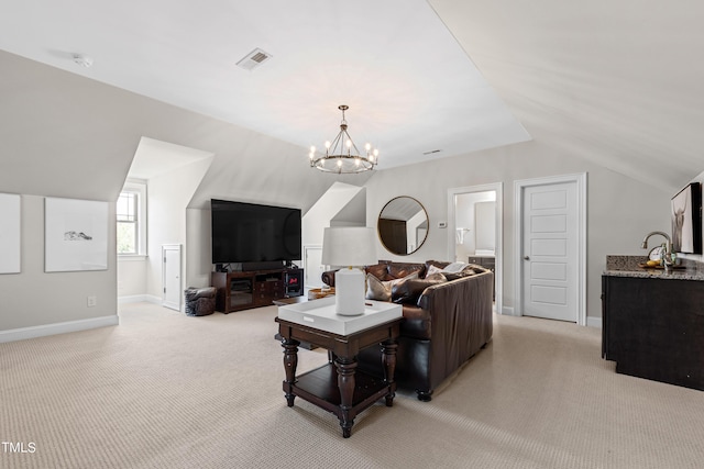 3209 Bryant Falls Ct, Raleigh, NC 27613 - living room featuring light carpet, a chandelier, lofted ceiling, and baseboards
