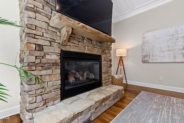 3209 Bryant Falls Ct, Raleigh, NC 27613 - detailed view of a stone fireplace, baseboards, crown molding, and wood finished floors