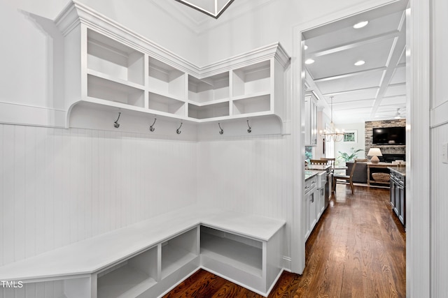 3209 Bryant Falls Ct, Raleigh, NC 27613 - mudroom featuring dark wood-type flooring, a chandelier, coffered ceiling, recessed lighting, and ornamental molding