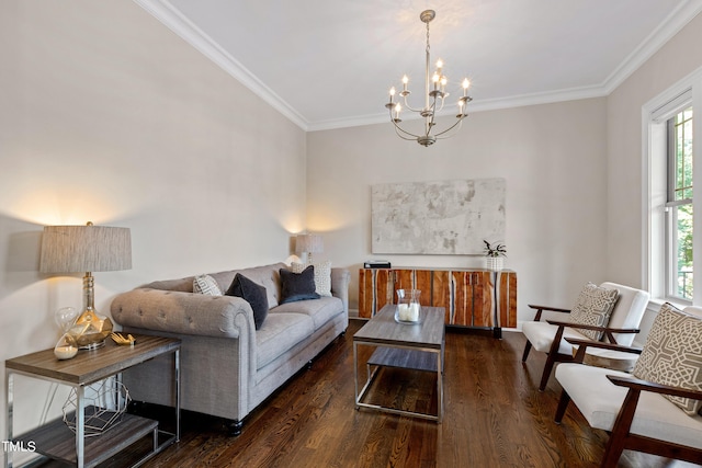 3209 Bryant Falls Ct, Raleigh, NC 27613 - living area with dark wood-style flooring, a chandelier, and crown molding