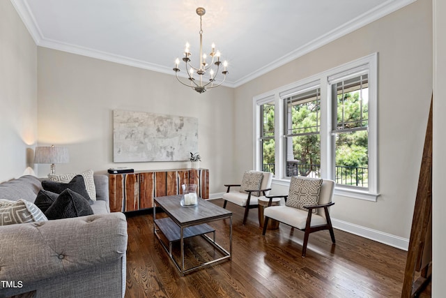 3209 Bryant Falls Ct, Raleigh, NC 27613 - living room featuring a chandelier, ornamental molding, dark wood-style flooring, and baseboards
