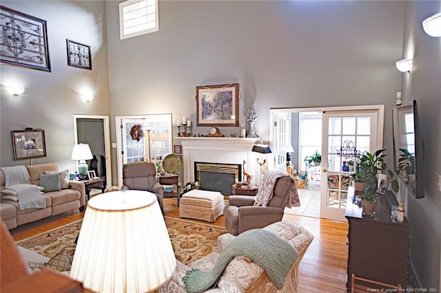 living room featuring a towering ceiling, plenty of natural light, and light hardwood / wood-style flooring