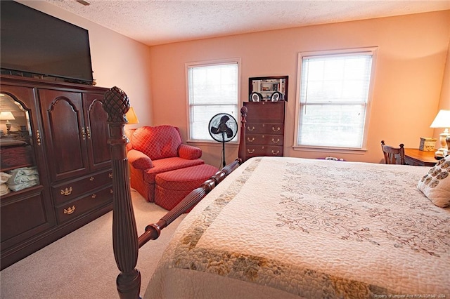 bedroom featuring light carpet, multiple windows, and a textured ceiling