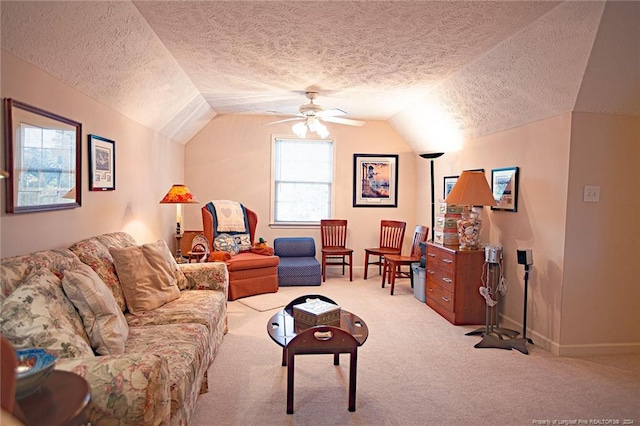 living room featuring vaulted ceiling, light carpet, and a textured ceiling