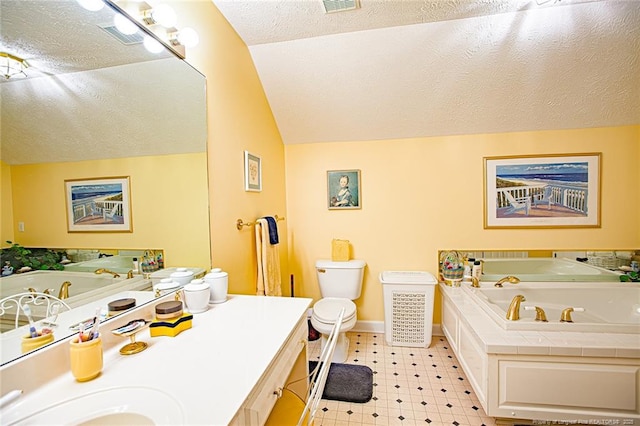 full bathroom featuring toilet, vanity, a tub with jets, and lofted ceiling