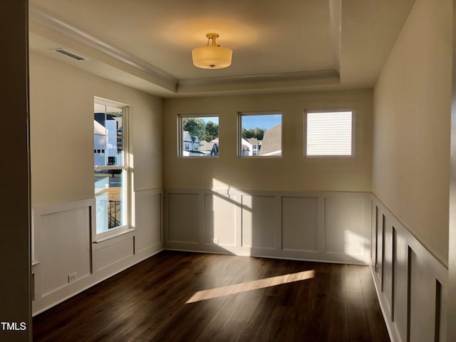 unfurnished room with a raised ceiling and dark hardwood / wood-style floors