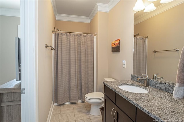 bathroom with tile patterned floors, toilet, vanity, and crown molding