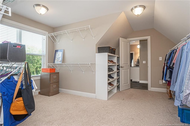 spacious closet featuring carpet floors and lofted ceiling