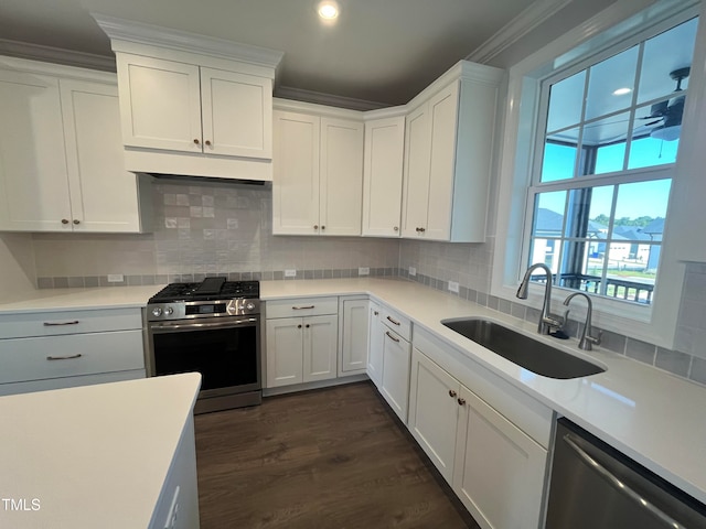 kitchen with white cabinets, stainless steel appliances, dark wood-type flooring, and sink