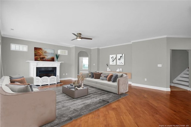 living room featuring ceiling fan, wood-type flooring, and crown molding