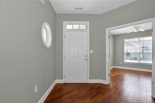 foyer featuring dark hardwood / wood-style floors and ceiling fan